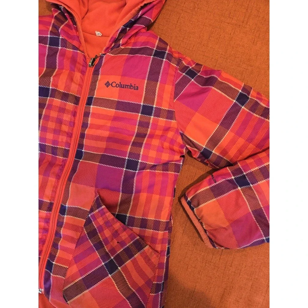 Columbia Girls L Plaid Hooded Reversible Puffer Jacket Full Zip Orange Pink
